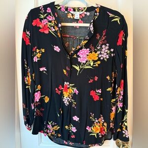 Old Navy Black Tunic Blouse with Colorful Floral Design